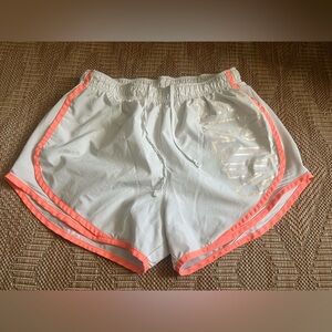 Nike Women's White/Orange Dri-Fit Running Athletic Shorts,Size M,Metallic Logo